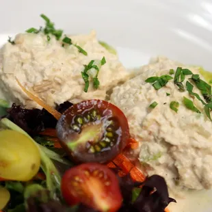 Avo Duet. Two avocado halves filled with choice of tuna or chicken salad, field green salad