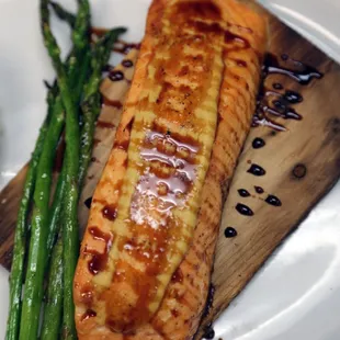 Cedar Plank Salmon with dijon molasses glaze &amp; served with herb scented basmati rice &amp; grilled asparagus