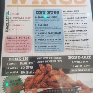 chicken wings and fried chicken, menu