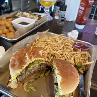 Hamburger, add jalapeños, pepper jack, and side of onion strings