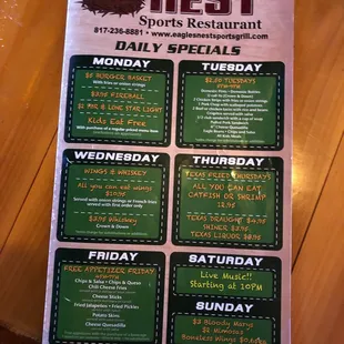 The menu cover which identifies the daily specials.
