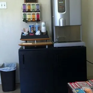 Nice sitting area with Tazo tea and Starbucks coffee