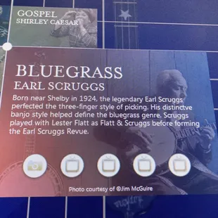 Interactive information and the opportunity to play the banjo and listen to bluegrass music.