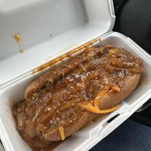 Beef Dog on wheat bread with beef chili