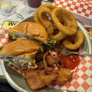 Small block v-8 cheeseburger with American cheese, onion rings, crispy bacon