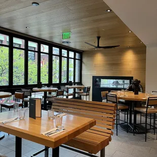 tables and benches in a restaurant