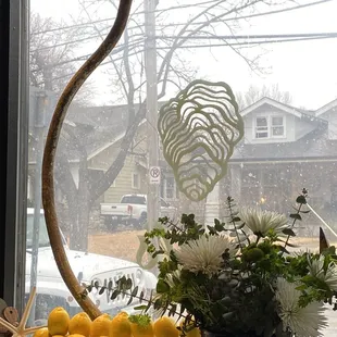 a view of a street through a window