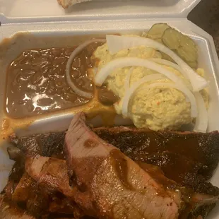 So good!!!   Brisket  Ribs  Potato Salad  Ranch Style BBQ Beans