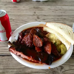 4 meat combo: Ribs, Chicken, Brisket, and Hot Links