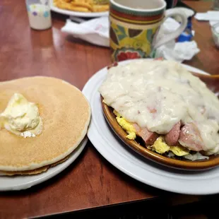 Meaty Skillet Breakfast with Pancakes