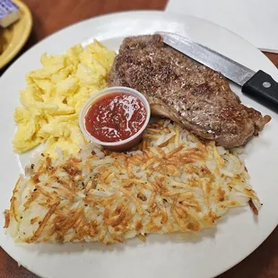 Rib eye steak and eggs