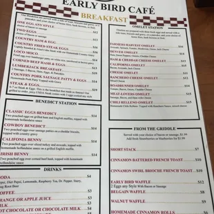 the menu for the early bird cafe