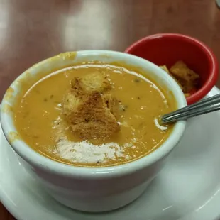Tomato bisque with croutons. Delicious soup! It is my new favorite!