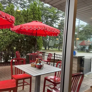 red chairs and tables with red umbrellas