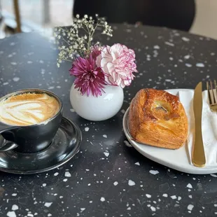 Breve cappuccino and mushroom danish.