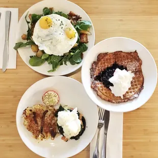 duck confit hash, frank floyd benedict, the dutch waffle