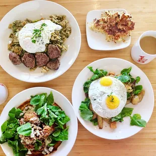 Chicken and waffles, Duck Confit Hash, chef Vic&apos;s Carnitas Chilaquiles and a side of hash browns