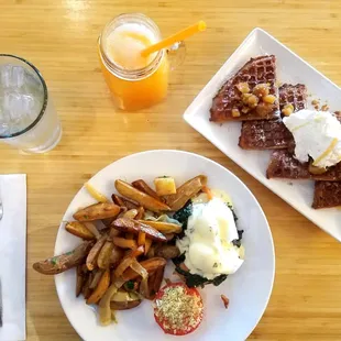 Frank Floyd Benedict, Waffle of the Day: apple pie waffle, and strawberry mimosa. Yum!
