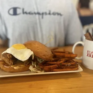 Best fried chicken  ever sandwich is a Lunch sandwich for champions with café de olla