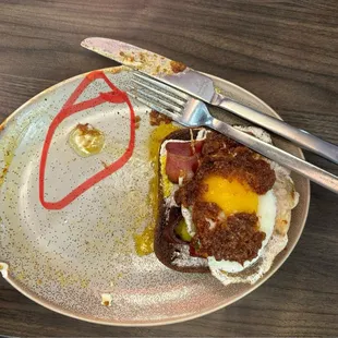 Avocado's Jam with undercooked egg white slime circled.