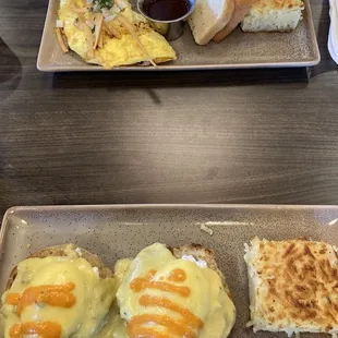 Eggs Benny (bottom) and Birria Omelet (top)