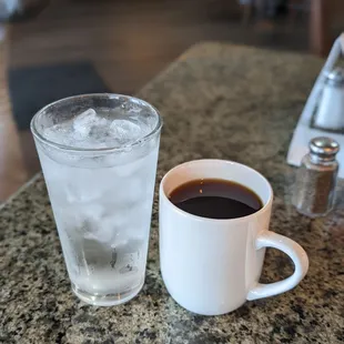 a cup of coffee and a glass of water