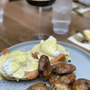 Early bird Benny, smashed potatoes and an entirely different version of an espresso martini after I had to send the first one back.