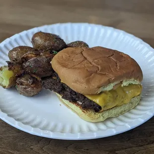 07/04/24 DOUBLE SMASH BURGER - Two Smashed Beef Patties, American Cheese, Grilled Onions, Pickle Chips, Secret Sauce, Potato Bun