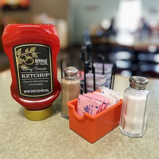 Ketchup, S&amp;P, Jelly, and Sugar Caddies at each table