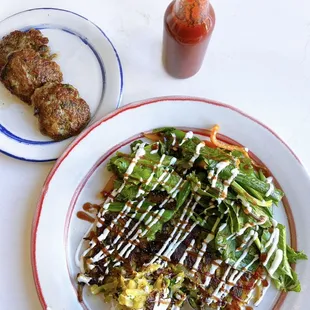 Samusa Potato Pancake w/ peas, roasted carrots, scallion, tamarind, lime yogurt, garam masala spices | $18 (side sausage - $5)