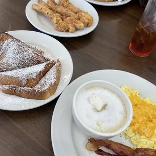 French toast, Chicken and Waffle, grits, eggs, bacon
