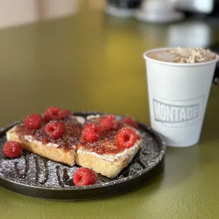 Raspberry mascarpone toast and a the basic witch seasonal special drink