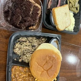 Chocolate cake  Ribs  Brisket   Baked Beans  Green beans  French Fries  Potato Salad