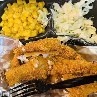 Fried catfish plate with corn &amp; coleslaw - Yummy! Oops, forgot to take picture before we started eating!