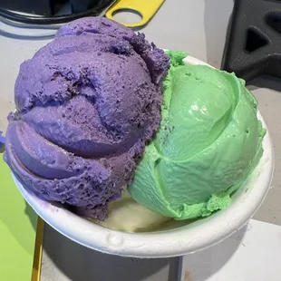 Ube, pandan, bottom is sweet cream