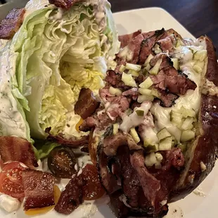Pastrami and cheese sandwich on a pretzel roll and a side of wedge salad.  Very nice and lean pastrami!