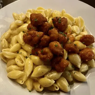 Macaroni &amp; cheese topped with buffalo chicken bites.  We were told that the chef makes his own cheese sauce and it was amazing!