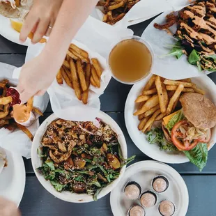 Mouth Watering Burger, Delicious Asian Teriyaki Bowl with a side of pulled pork fries and some cup cakes to top it off. All Plant Based