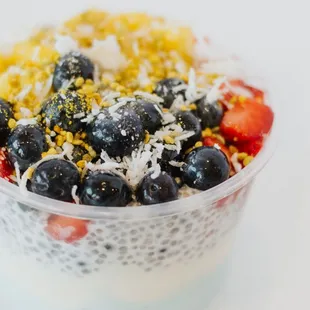 blueberries, strawberries, and coconut flakes