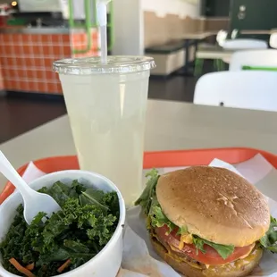 Kale salad, double cheese burger and kale ginger lemonade