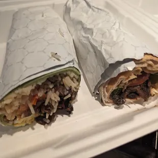 Half a breakfast wrap and half a mushroom wrap. Both very good. Easily shared.