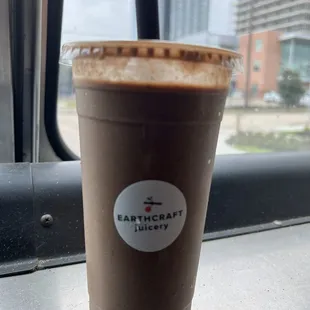 COVEFEFE: Cold brew coffee, sprouted almonds, raw cacao, red reishi, cinnamon, oats, flaxseeds, banana, medjool dates, black lava salt.
