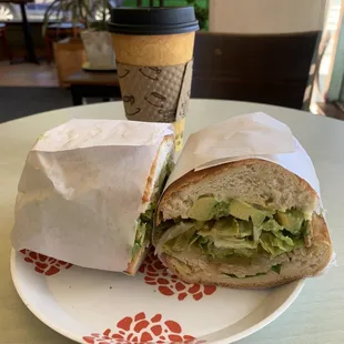 #3 turkey sub with the works plus avocado, pickles, and jalapeños and a cafe au lait