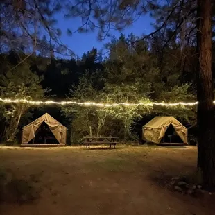 Amazing riverside tents with cots and a fire pit