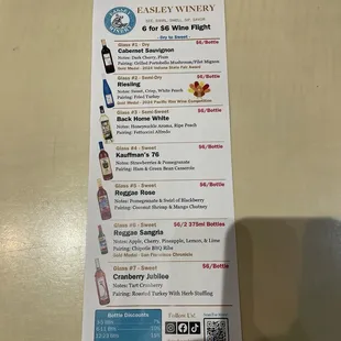 Menu for the wine flight. I loved the suggested pairings.