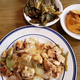 I highly recommend this grilled chicken tips plate with two sides. Very good tasting and a great value!