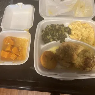 Baked Chicken, turnip, greens, macaroni, cornbread, and candy yam and on the side