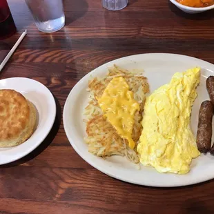 Eggs and sausage links. Biscuits