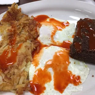 Eggs-cellent eggs, liver mush fried to perfection, and hash browns - fried crispy, please!