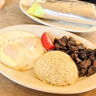 Lamb tocino, two eggs over easy, garlic rice